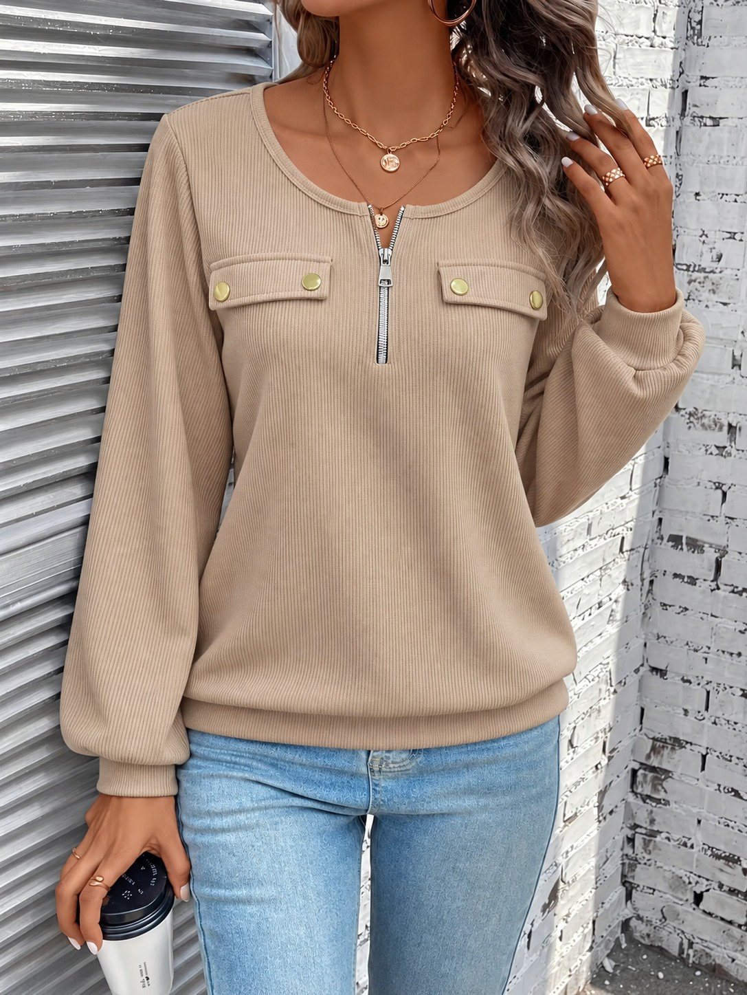 Girince 194660 Women's Long-Sleeve Zip-Neck Waffle Blouse