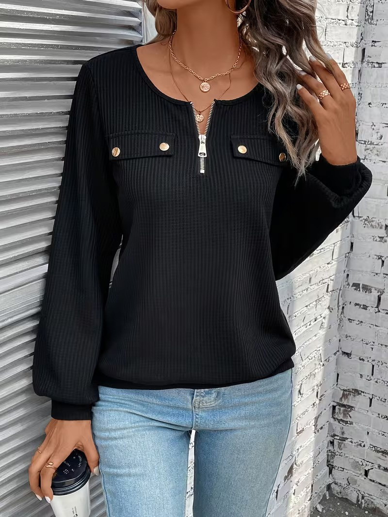 Girince 194659 Women's Long-Sleeve Zip-Neck Waffle Blouse