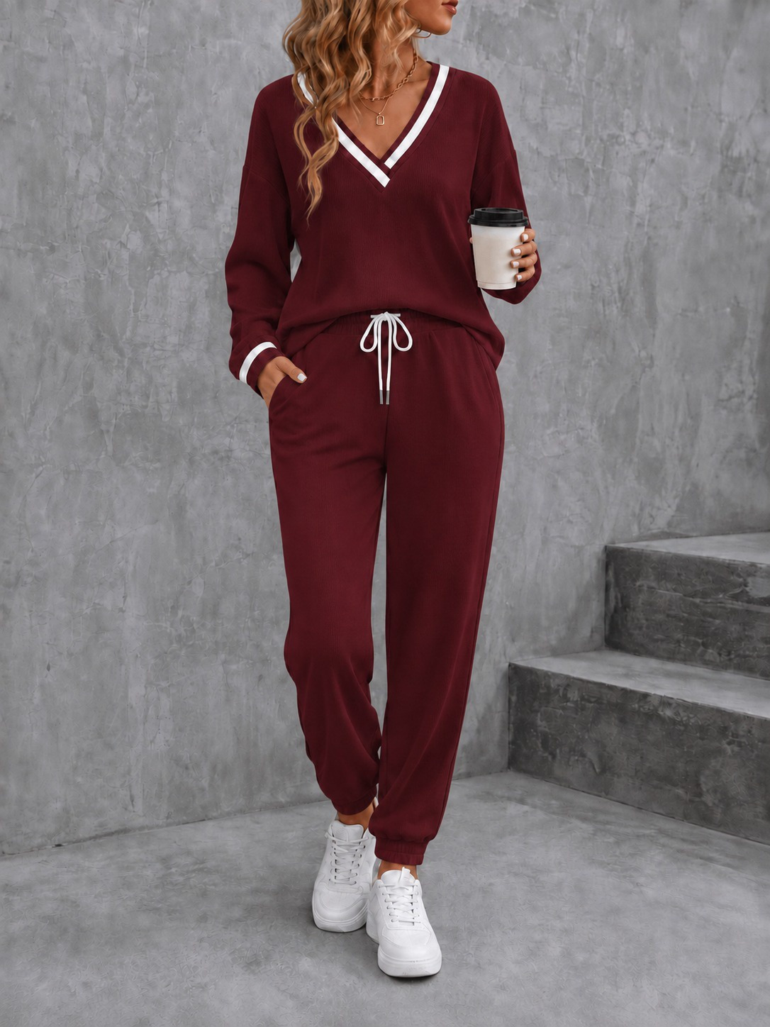Girince 194304 Women's Long-Sleeve V-Neck Waffle Top and Drawstring Trousers Set