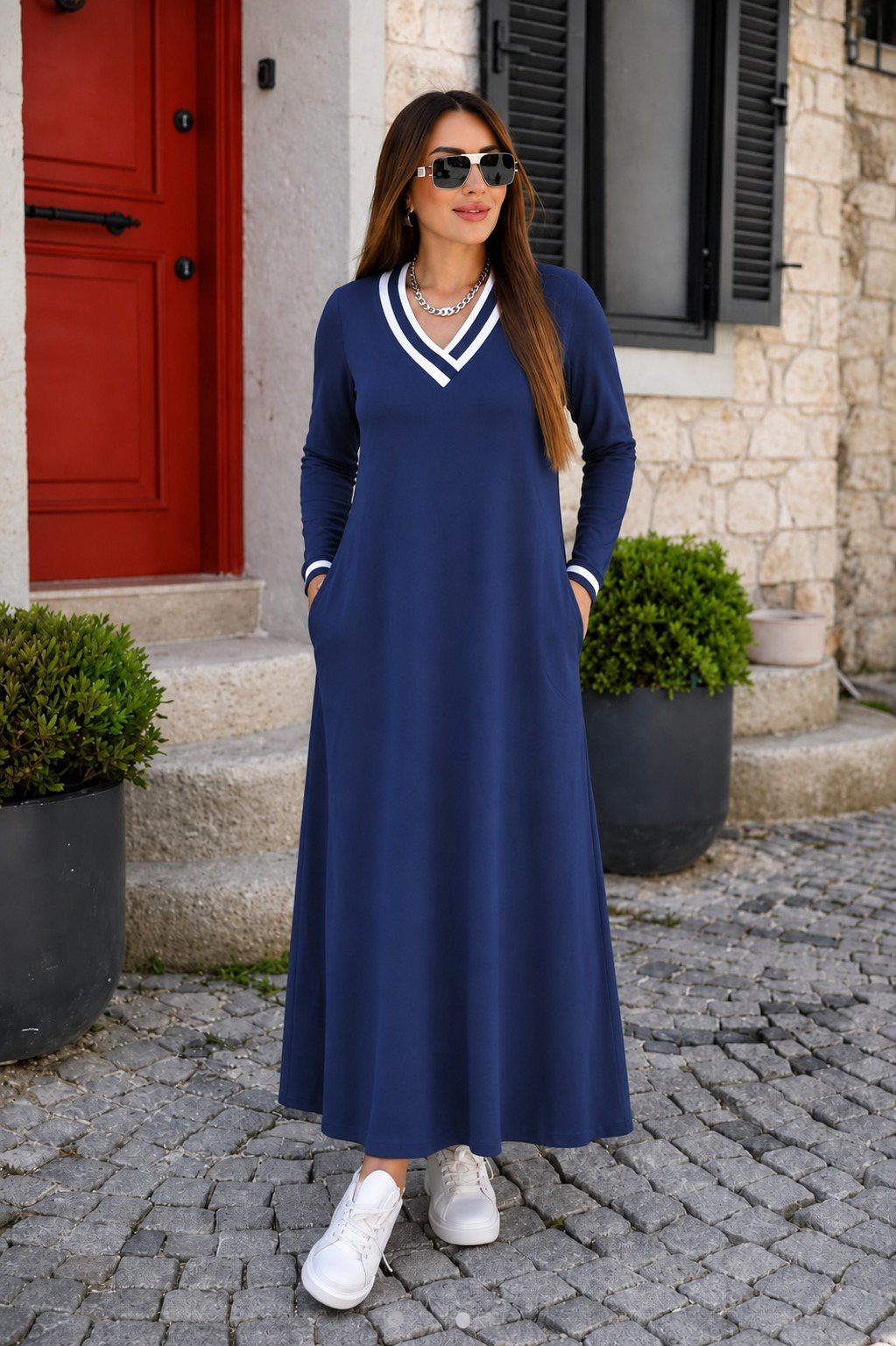 Girince 194298 Women's Long-Sleeve V-Neck Long Dress