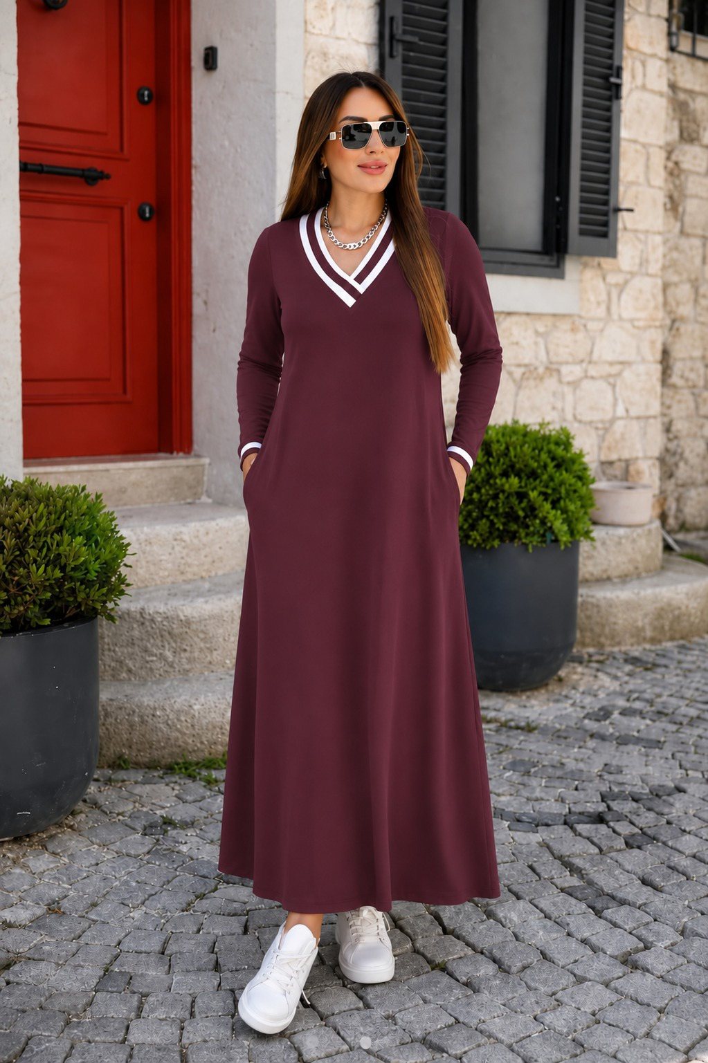 Girince 194297 Women's Long-Sleeve V-Neck Long Dress