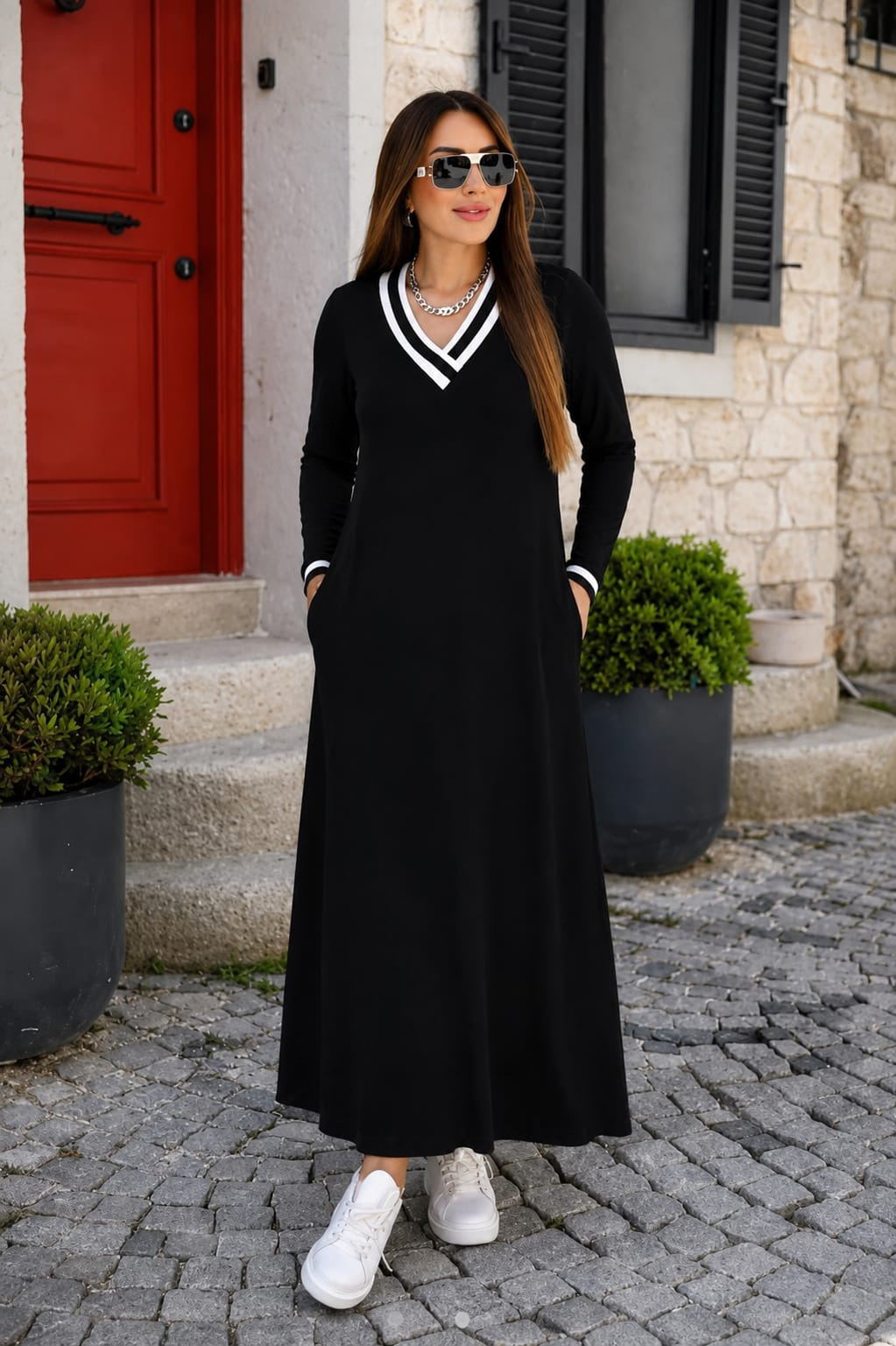 Girince 194296 Women's Long-Sleeve V-Neck Long Dress