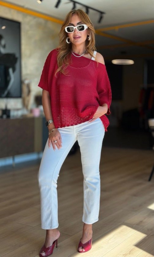 Girince 194183 Women's Boat-Neck Openwork Knit Jumper