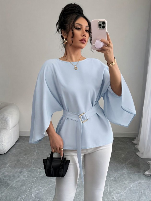 Girince 193893 Women's Long-Sleeve Batwing Blouse with Waist Tie