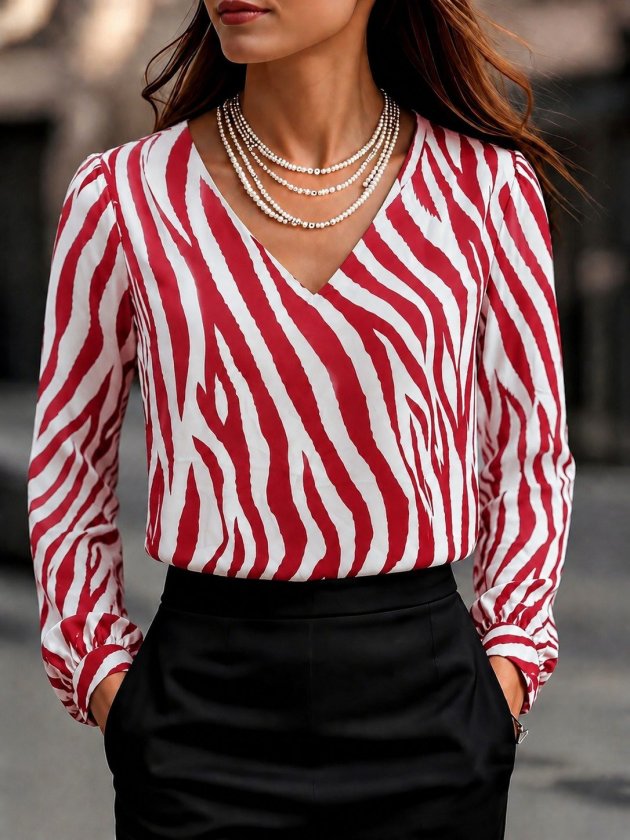 Girince 193883 Women's Long-Sleeve V-Neck Patterned Dubai Blouse