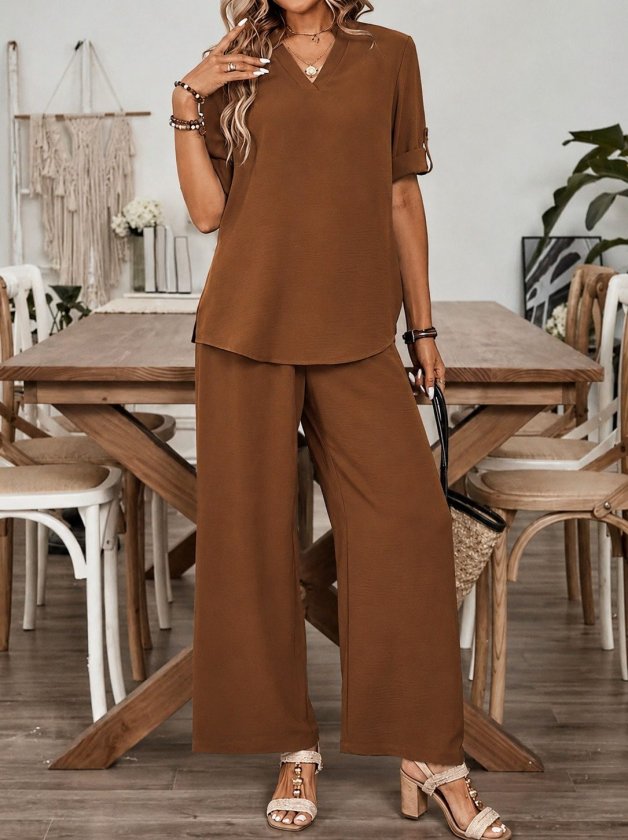 Girince 193865 Women's Short-Sleeve V-Neck Blouse and Trousers Set