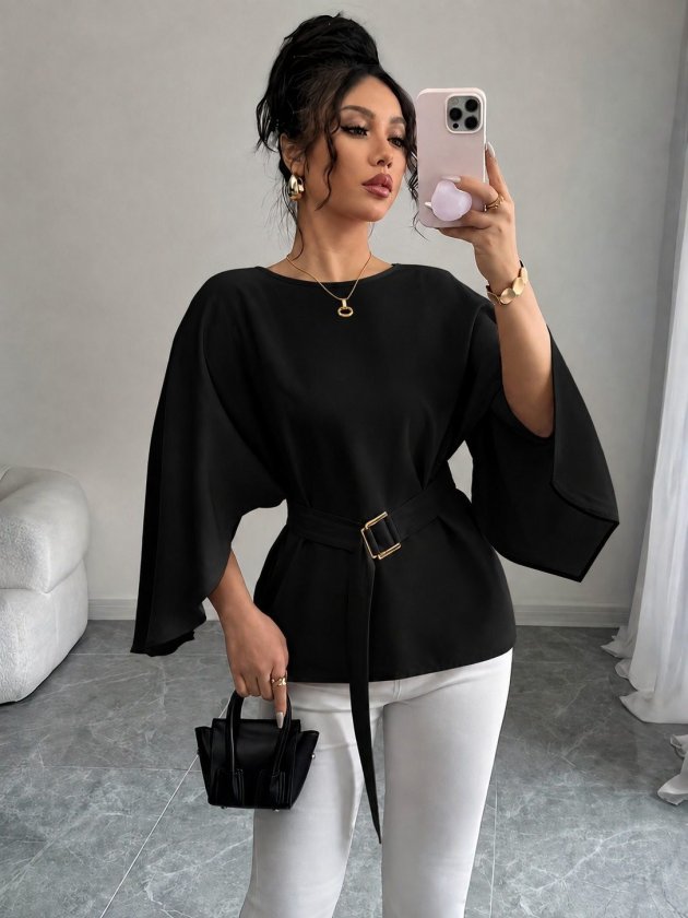 Girince 193420 Women's Long-Sleeve Batwing Blouse with Waist Tie