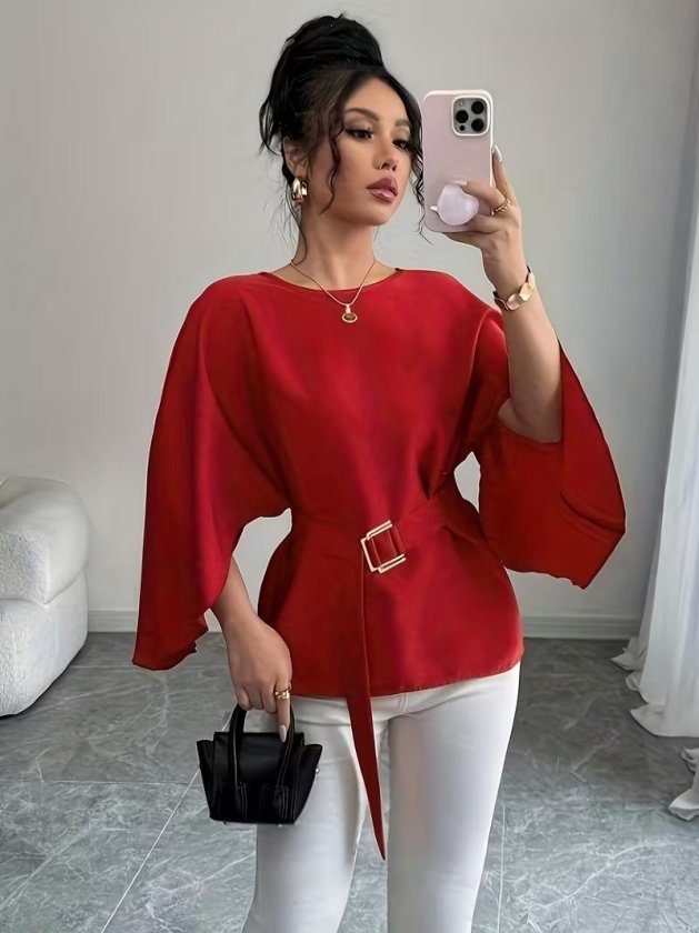 Girince 193418 Women's Long-Sleeve Batwing Blouse with Waist Tie