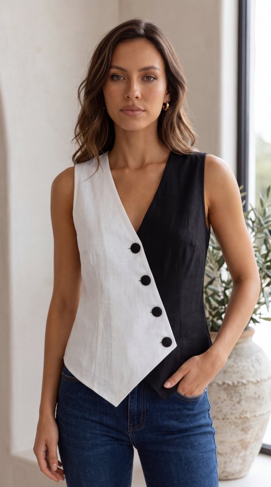 Girince 193243 Women's Sleeveless V-Neck Button-Front Color-Block Waistcoat