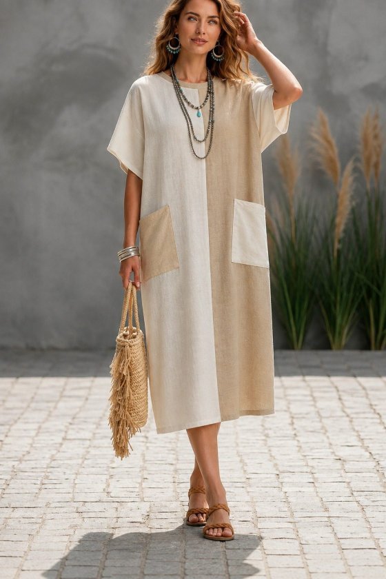 Girince 193224 Women's Short-Sleeve Two-Tone Midi Dress