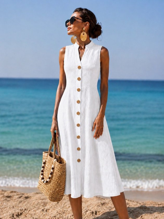 Girince 193163 Sleeveless V-Neck Button-Front Long Linen Dress