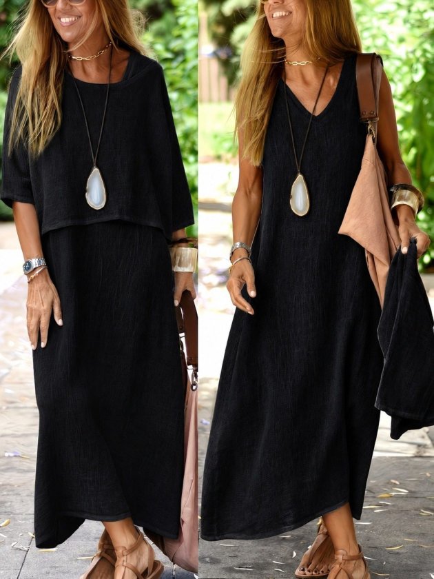 Girince 192923 Women's Long V-Neck Dress and Short-Sleeve Blouse Set