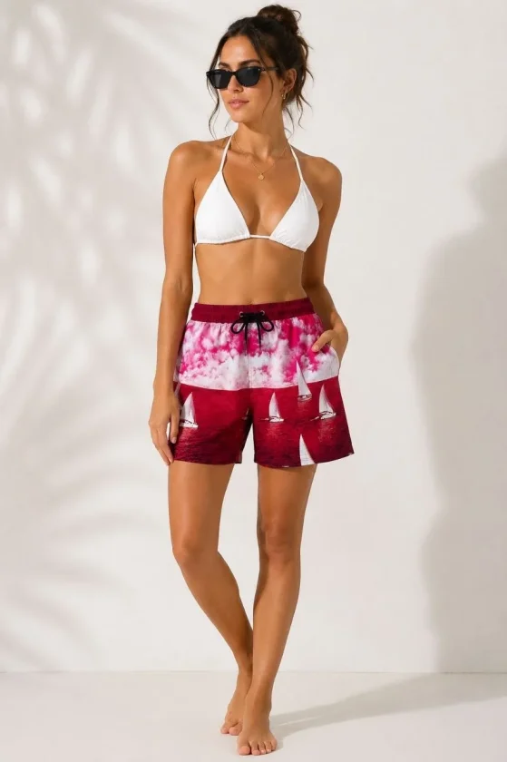 Girince 192900 Women's Sailboat-Print Swim Shorts, Burgundy