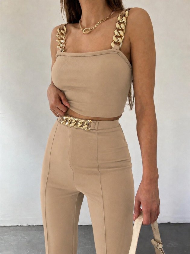 Girince 192466 Chain-Strap Crop Top and Trousers Set