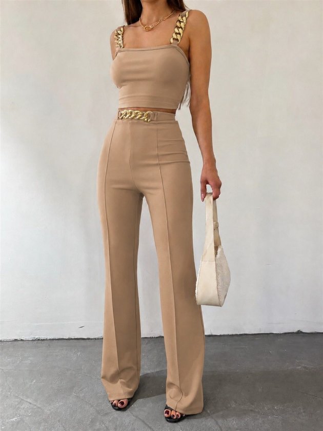 Girince 192466 Chain-Strap Crop Top and Trousers Set