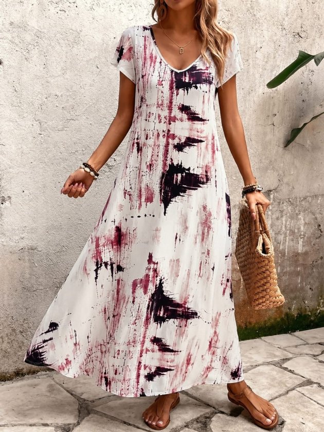 Girince 192323 Women's Short-Sleeve V-Neck Printed Maxi Dress