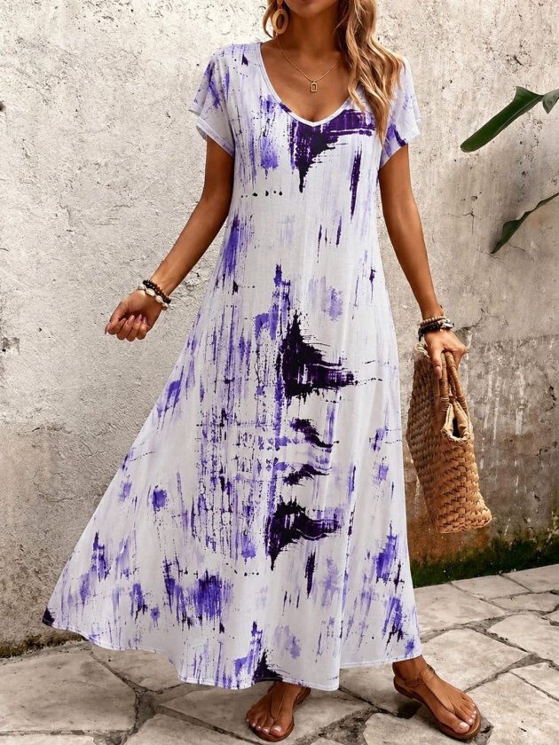 Girince 192321 Women's Short-Sleeve V-Neck Printed Maxi Dress