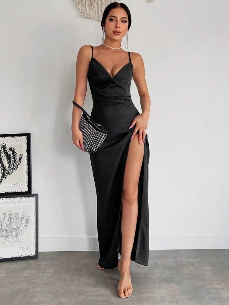 Girince 191858 Women's Strappy Wrap-Neck Slit Crepe Dress