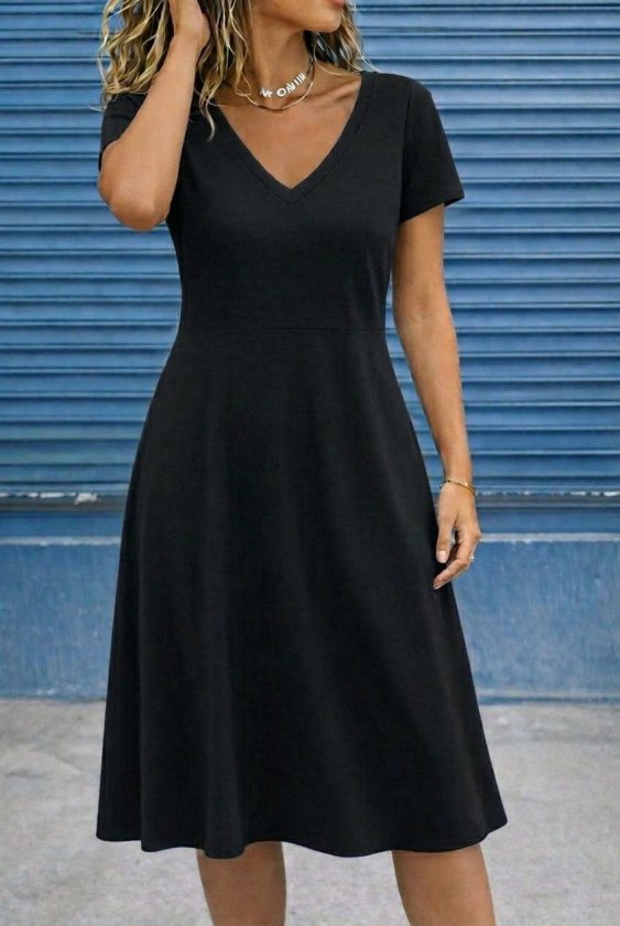 Girince 191760 Women's Short-Sleeve V-Neck Flared Midi Viscose Dress