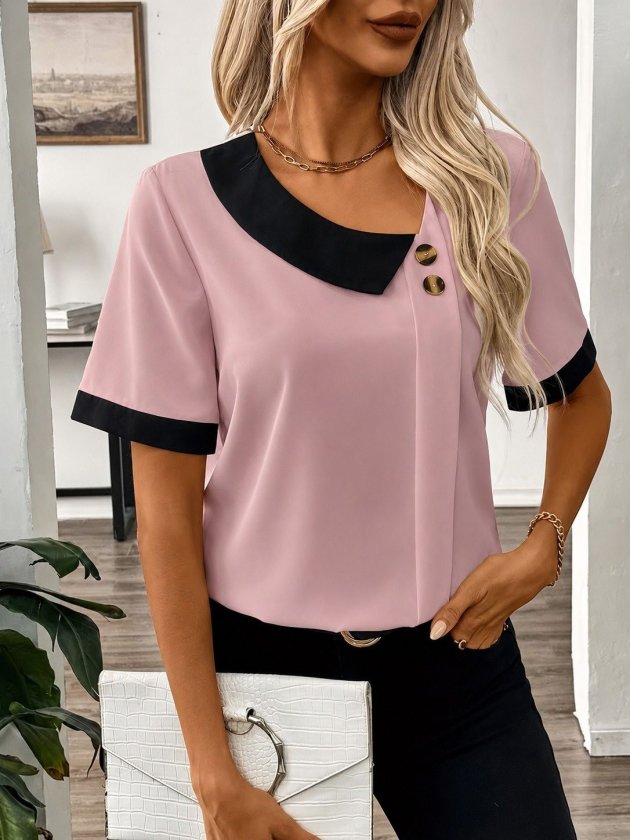 Girince 191332 Women's Short-Sleeve Asymmetric-Neck Button-Front Dubai Blouse