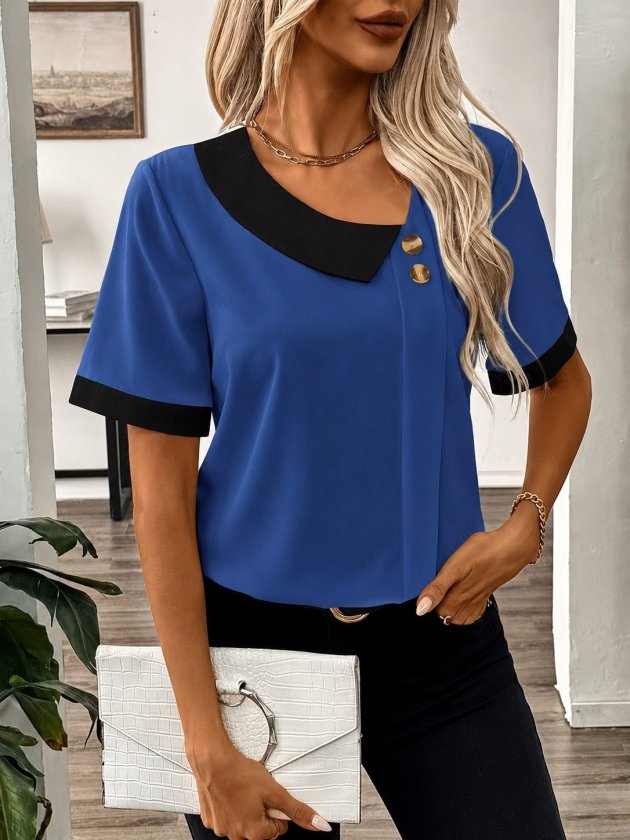 Girince 191331 Women's Short-Sleeve Asymmetric-Neck Button-Front Dubai Blouse