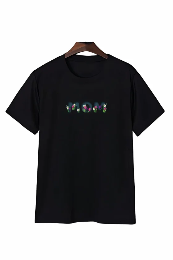 Girince 191153 Black Mom Floral Print Oversized Crew Neck T-Shirt