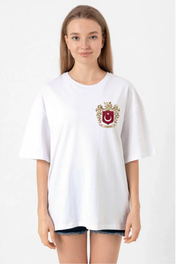 Girince 191137 White Turkish Emblem Oversized Crew-Neck T-Shirt