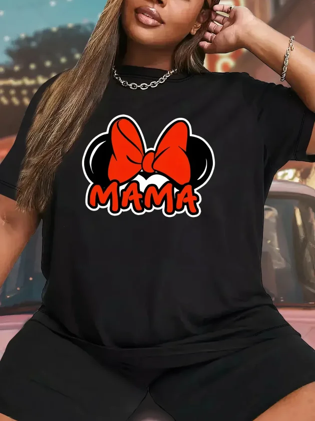 Girince 191119 Black Mama Print Oversized Crew Neck T-shirt