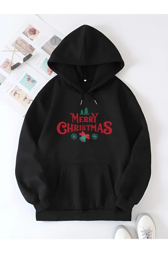 Girince 191106 Black Christmas Print Oversized Hoodie