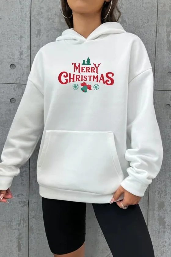 Girince 191105 White Merry Christmas Oversized Hoodie