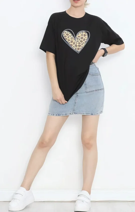 Girince 191101 Leopard Heart Print Oversized Black T-Shirt