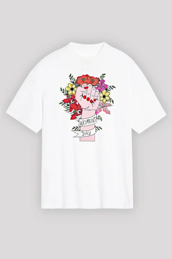 Girince 8 March International Women's Day Printed Oversized Crew Neck T-Shirt - White