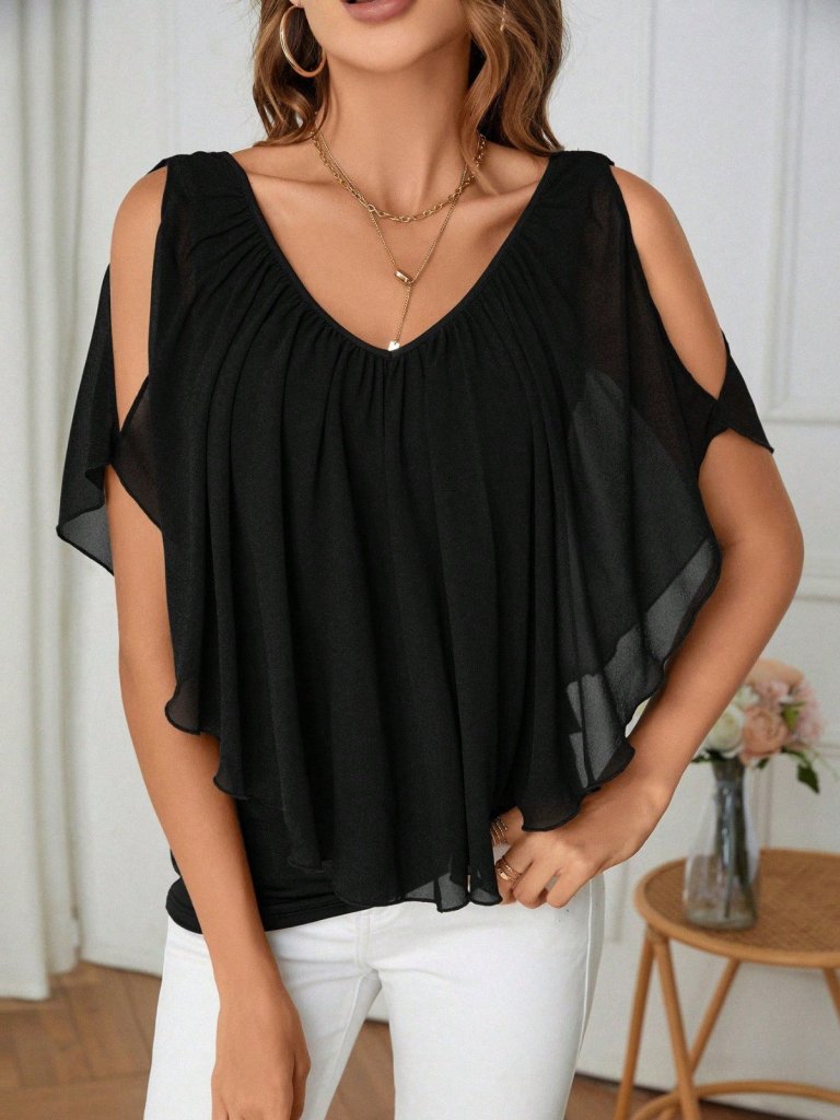 Girince 191086 Women's Short-Sleeve V-Neck Chiffon Blouse