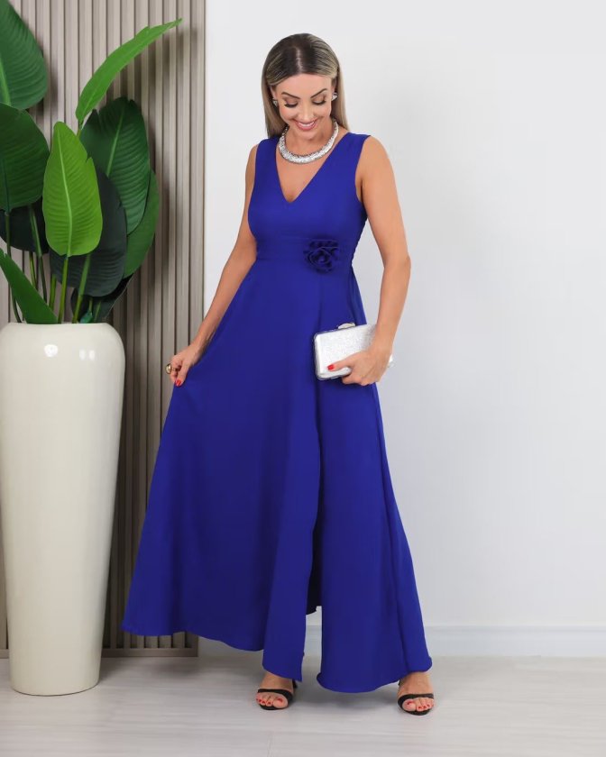 Girince 191072 Women's Long Strappy V-Neck Dress with Slit