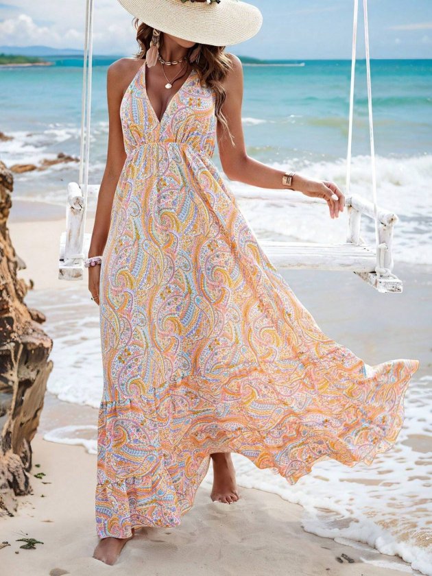 Girince 191069 Women's Long Printed Dress with Tie Neck