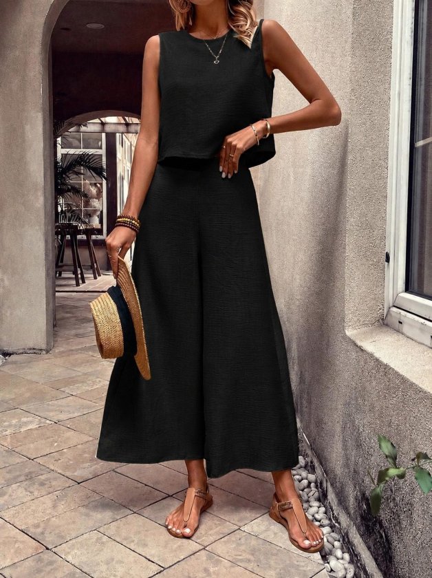 Girince 191025 Women's Sleeveless Cropped Top and Wide-Leg Trousers Set