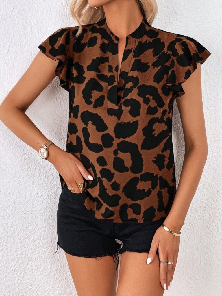 Girince 190993 Women's Leopard Print Short Ruffle Sleeve V-Neck Blouse