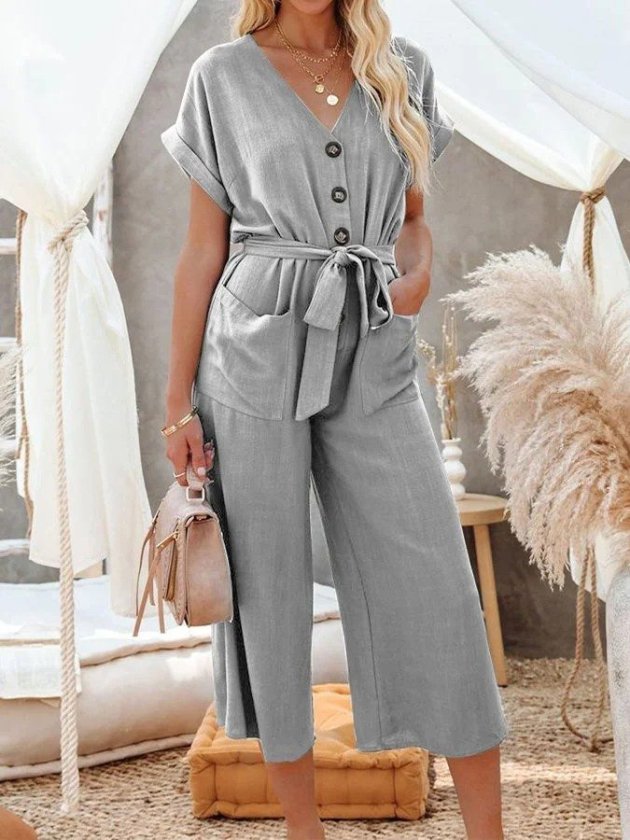 Girince 190985 Women's Short-Sleeve V-Neck Belted Jumpsuit