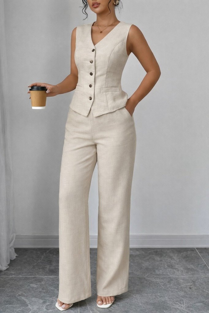 Girince 190953 Women's Linen Co-ord Set with Strappy Button-Front Top and Trousers