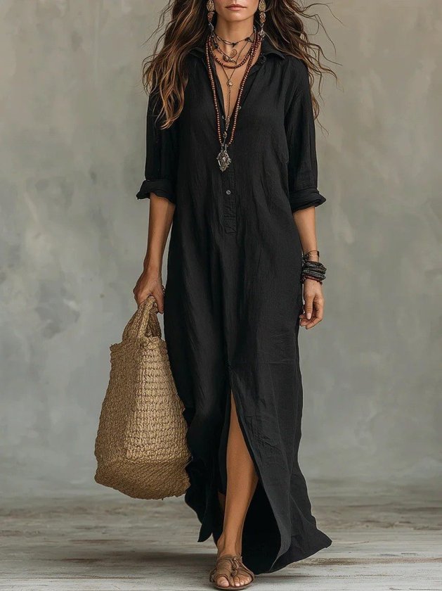 Girince 190889 Women's Long-Sleeve Button-Front Long Dress