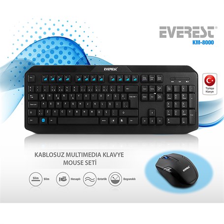 Everest KM-8000 Black Wireless Q Keyboard and Mouse Set