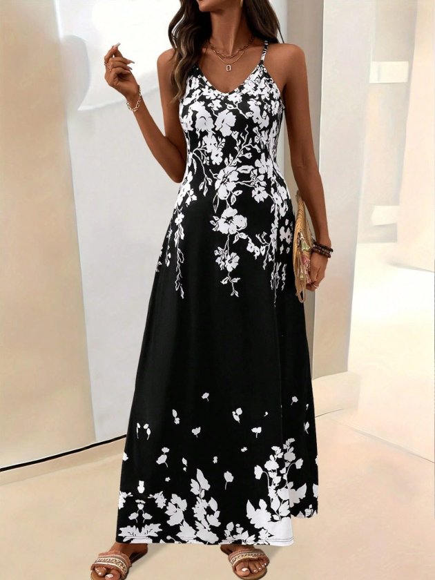 Girince 190817 Women's Long Strappy V-Neck Printed Dress