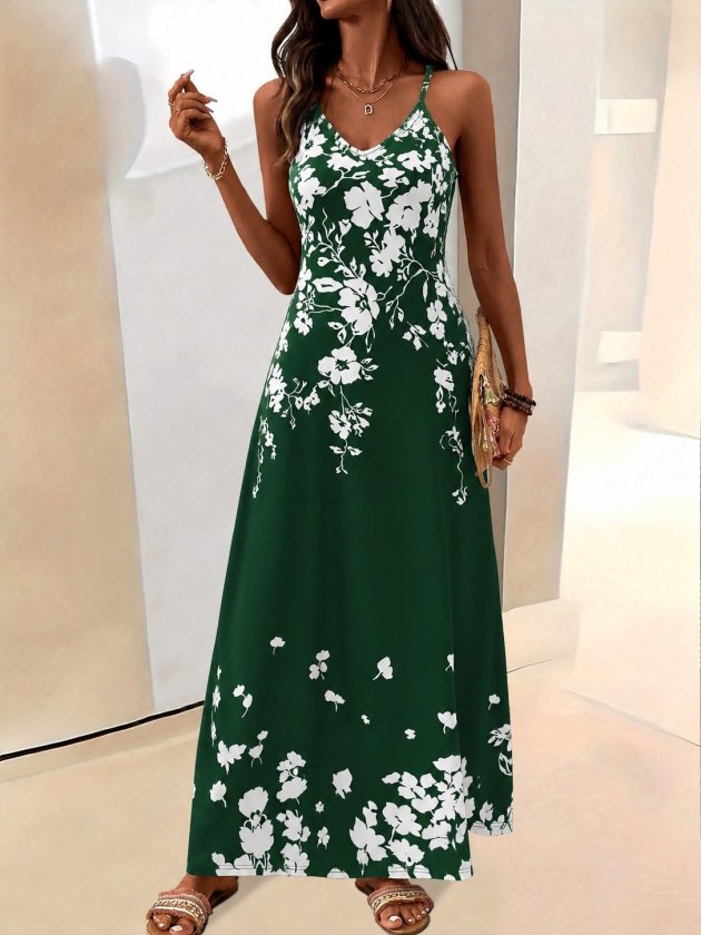 Girince 190816 Women's Long Strappy V-Neck Printed Dress