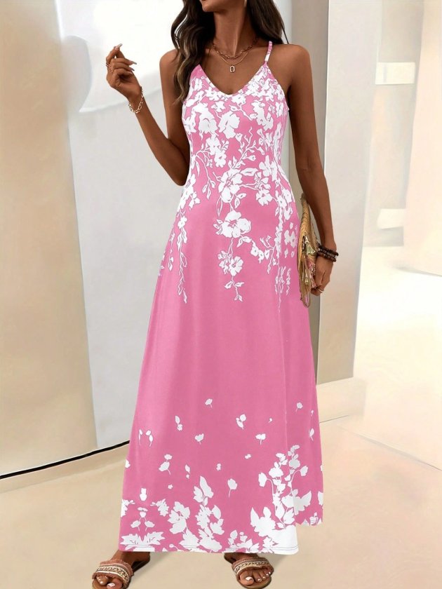 Girince 190815 Women's Long Strappy V-Neck Printed Dress