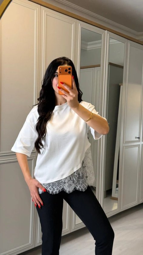 Girince 190791 Short-Sleeve Lace-Detail Viscose Blouse
