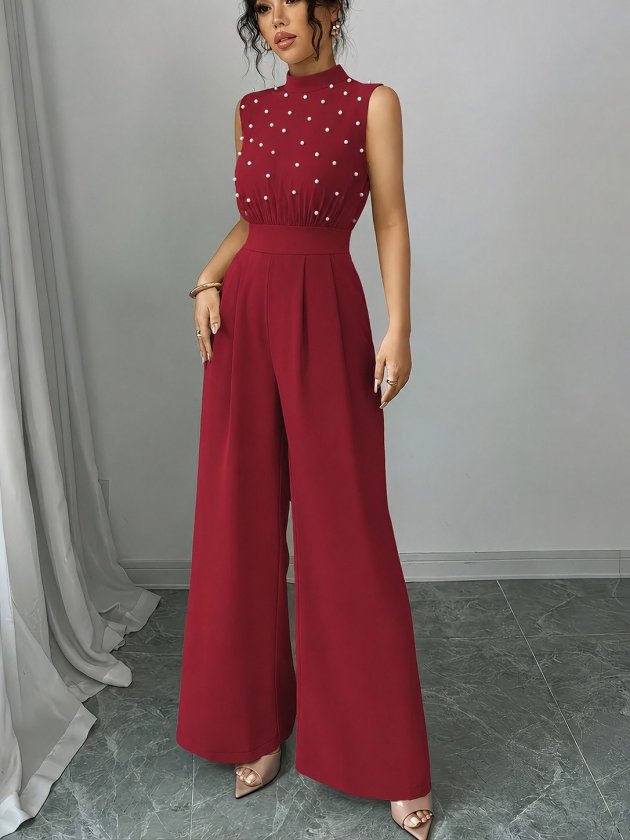 Girince 190775 Sleeveless Pearl-Detail Wide-Leg Jumpsuit