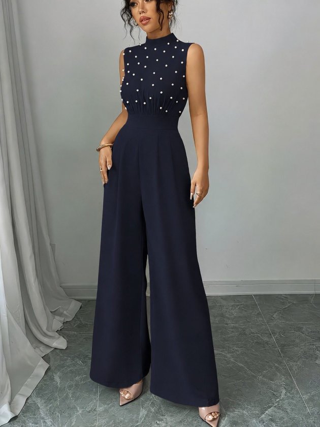 Girince 190774 Sleeveless Pearl-Detail Wide-Leg Jumpsuit