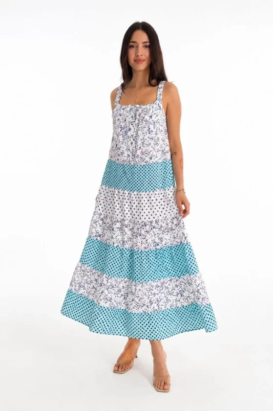 Girince 190645 Turquoise Floral Tiered Maxi Dress