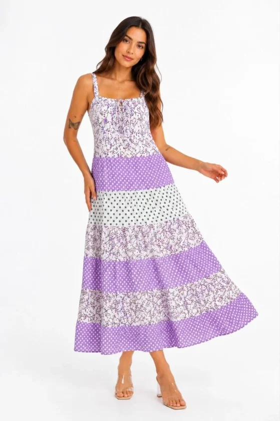 Girince 190644 Floral Print Linen Tiered Maxi Dress - Lilac
