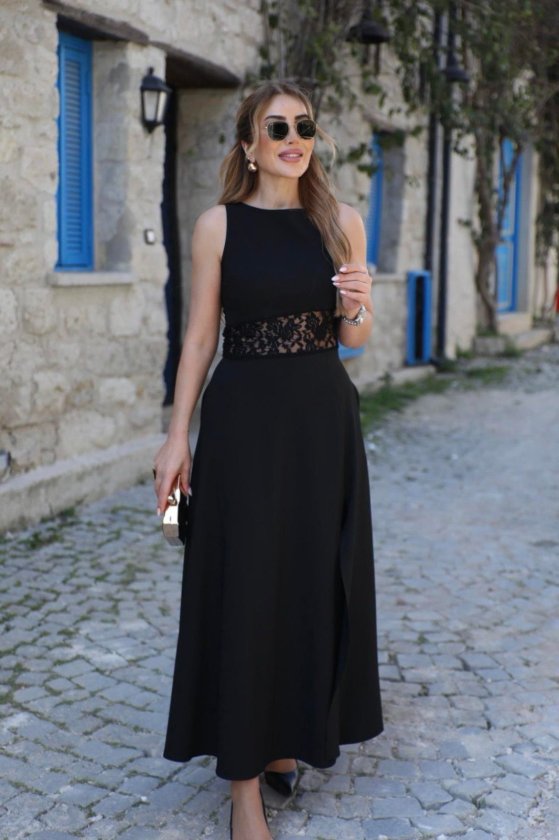 Girince 190609 Women's Long Crepe Dress with Lace Waist